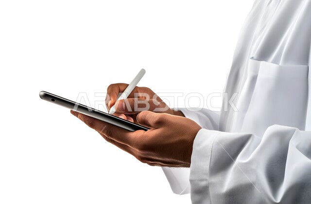 التقنيات الحديثة المتطورة، بورتريه مقرب ليد رجل عربي خليجي سعودي يرتدي الثوب التقليدي يحمل جهاز آيباد ويستخدم قلم ستايلس للكتابة أو الرسم على الشاشة، التسويق لموقع إلكتروني، استخدام قلم التابليت لتدوين الملاحظات، برامج التواصل الاجتماعي، خلفية بيضاء