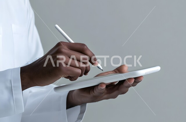 التقنيات الحديثة المتطورة، بورتريه مقرب ليد رجل عربي خليجي سعودي يرتدي الثوب التقليدي يحمل جهاز آيباد ويستخدم قلم ستايلس للكتابة أو الرسم على الشاشة، التسويق لموقع إلكتروني، استخدام قلم التابليت لتدوين الملاحظات، برامج التواصل الاجتماعي، خلفية بيضاء