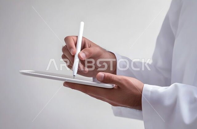 التقنيات الحديثة المتطورة، بورتريه مقرب ليد رجل عربي خليجي سعودي يرتدي الثوب التقليدي يحمل جهاز آيباد ويستخدم قلم ستايلس للكتابة أو الرسم على الشاشة، التسويق لموقع إلكتروني، استخدام قلم التابليت لتدوين الملاحظات، برامج التواصل الاجتماعي، خلفية بيضاء