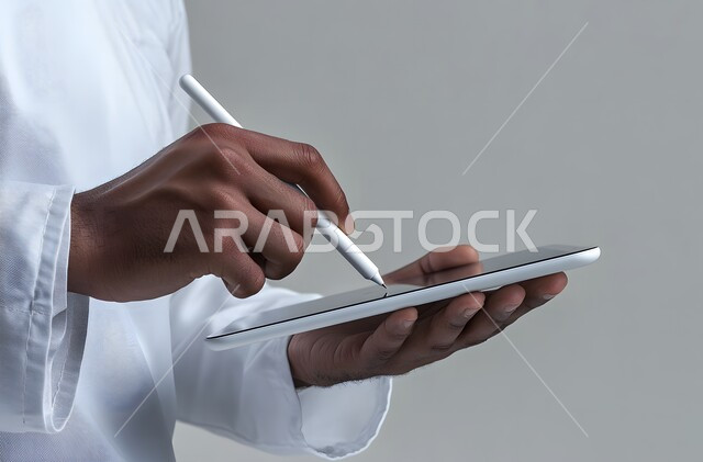 التقنيات الحديثة المتطورة، بورتريه مقرب ليد رجل عربي خليجي سعودي يرتدي الثوب التقليدي يحمل جهاز آيباد ويستخدم قلم ستايلس للكتابة أو الرسم على الشاشة، التسويق لموقع إلكتروني، استخدام قلم التابليت لتدوين الملاحظات، برامج التواصل الاجتماعي، خلفية بيضاء