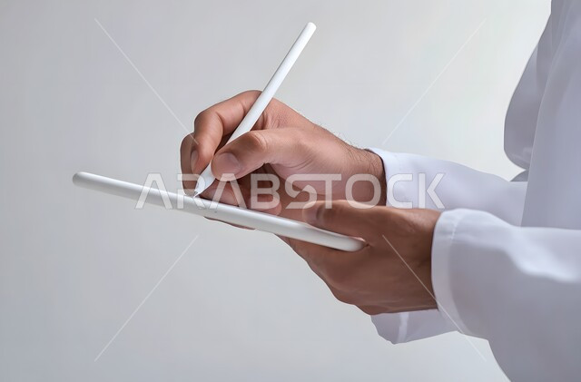 التقنيات الحديثة المتطورة، بورتريه مقرب ليد رجل عربي خليجي سعودي يرتدي الثوب التقليدي يحمل جهاز آيباد ويستخدم قلم ستايلس للكتابة أو الرسم على الشاشة، التسويق لموقع إلكتروني، استخدام قلم التابليت لتدوين الملاحظات، برامج التواصل الاجتماعي، خلفية بيضاء