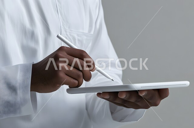التقنيات الحديثة المتطورة، بورتريه مقرب ليد رجل عربي خليجي سعودي يرتدي الثوب التقليدي يحمل جهاز آيباد ويستخدم قلم ستايلس للكتابة أو الرسم على الشاشة، التسويق لموقع إلكتروني، استخدام قلم التابليت لتدوين الملاحظات، برامج التواصل الاجتماعي، خلفية بيضاء
