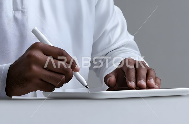 التقنيات الحديثة المتطورة، بورتريه مقرب ليد رجل عربي خليجي سعودي يرتدي الثوب التقليدي يحمل جهاز آيباد ويستخدم قلم ستايلس للكتابة أو الرسم على الشاشة، التسويق لموقع إلكتروني، استخدام قلم التابليت لتدوين الملاحظات، برامج التواصل الاجتماعي، خلفية بيضاء