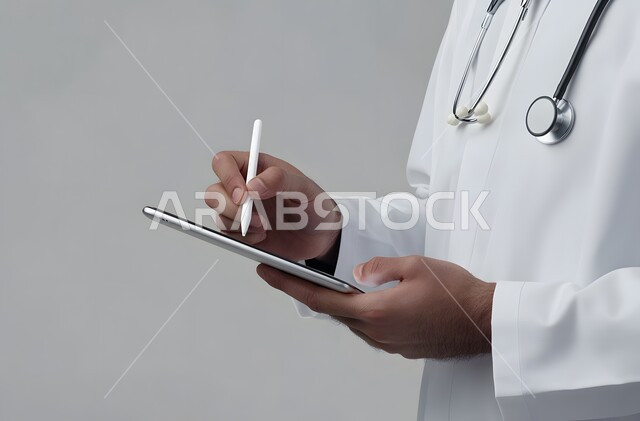 استخدام التقنيات الحديثة المتطورة في المجال الطبي، بورتريه مقرب ليد طبيب عربي خليجي سعودي يرتدي السماعة الطبية يحمل جهاز آيباد ويستخدم قلم ستايلس للكتابة أو الرسم على الشاشة، استخدام قلم التابليت لتدوين الملاحظات، برامج التواصل الاجتماعي، خلفية بيضاء