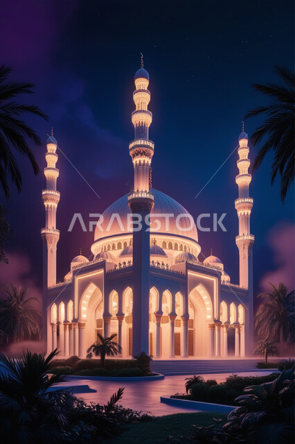 أداء الفرائض والصلوات والتقرب إلى الله، الفن الهندسي المعماري لبناء المساجد في المملكة العربية السعودية, المعالم الدينية الإسلامية المقدسة, القبب والمآذن الشامخة والمضيئة في الليل, مجسم ثلاثي الأبعاد لمسجد بتصاميم على الطراز الاسلامي