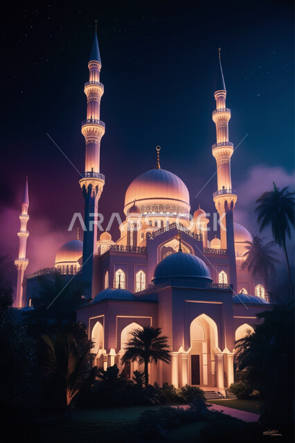 أداء الفرائض والصلوات والتقرب إلى الله، الفن الهندسي المعماري لبناء المساجد في المملكة العربية السعودية, المعالم الدينية الإسلامية المقدسة, القبب والمآذن الشامخة والمضيئة في الليل, مجسم ثلاثي الأبعاد لمسجد بتصاميم على الطراز الاسلامي