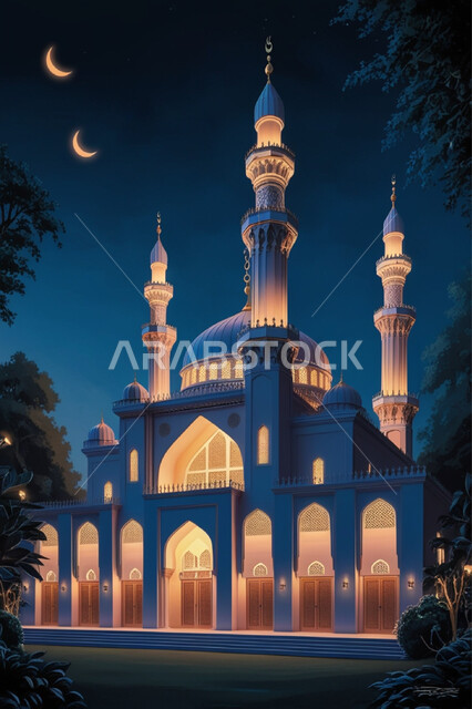 الفن الهندسي المعماري لبناء المساجد في المملكة العربية السعودية, أداء الفرائض والصلوات والتقرب إلى الله، المعالم الدينية الإسلامية المقدسة, القبب والمآذن الشامخة والمضيئة في الليل, مجسم ثلاثي الأبعاد لمسجد بتصاميم على الطراز الاسلامي