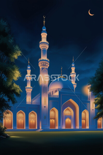 الفن الهندسي المعماري لبناء المساجد في المملكة العربية السعودية, أداء الفرائض والصلوات والتقرب إلى الله، المعالم الدينية الإسلامية المقدسة, القبب والمآذن الشامخة والمضيئة في الليل, مجسم ثلاثي الأبعاد لمسجد بتصاميم على الطراز الاسلامي