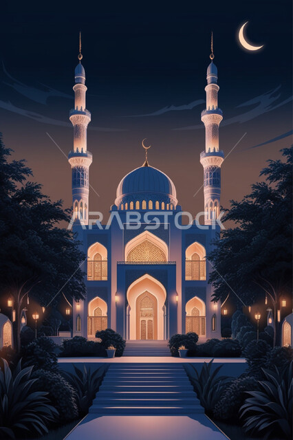 الفن الهندسي المعماري لبناء المساجد في المملكة العربية السعودية, أداء الفرائض والصلوات والتقرب إلى الله، المعالم الدينية الإسلامية المقدسة, القبب والمآذن الشامخة والمضيئة في الليل, مجسم ثلاثي الأبعاد لمسجد بتصاميم على الطراز الاسلامي