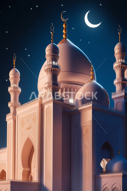 3D model of a mosque with Islamic designs, a view of the moon shining in the sky, performing religious duties and prayers and getting closer to God, the architectural art of building mosques in the Kingdom of Saudi Arabia, the sacred Islamic religious landmarks, the towering domes and minarets that shine at night