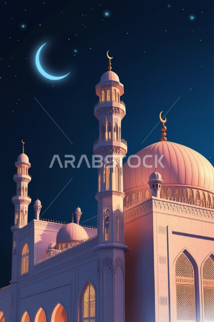 مجسم ثلاثي الأبعاد لمسجد بتصاميم على الطراز الاسلامي، منظر القمر المضيء وسط السماء، أداء الفرائض والصلوات والتقرب إلى الله، الفن الهندسي المعماري لبناء المساجد في المملكة السعودية, المعالم الدينية الإسلامية المقدسة, القبب والمآذن الشامخة والمضيئة في الليل