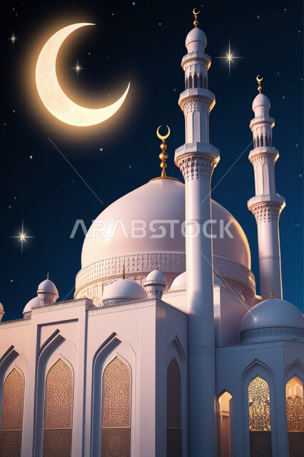 مجسم ثلاثي الأبعاد لمسجد بتصاميم على الطراز الاسلامي، منظر القمر المضيء وسط السماء، أداء الفرائض والصلوات والتقرب إلى الله، الفن الهندسي المعماري لبناء المساجد في المملكة السعودية, المعالم الدينية الإسلامية المقدسة, القبب والمآذن الشامخة والمضيئة في الليل