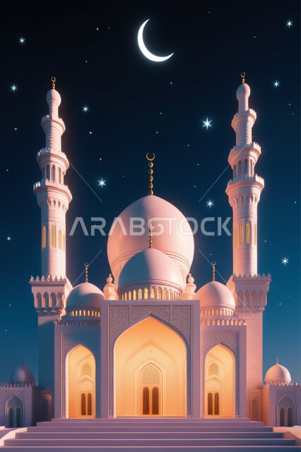 مجسم ثلاثي الأبعاد لمسجد بتصاميم على الطراز الاسلامي، منظر القمر المضيء وسط السماء، أداء الفرائض والصلوات والتقرب إلى الله، الفن الهندسي المعماري لبناء المساجد في المملكة السعودية, المعالم الدينية الإسلامية المقدسة, القبب والمآذن الشامخة والمضيئة في الليل