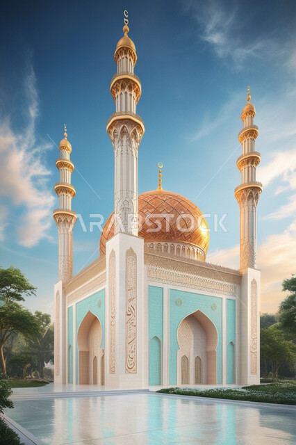 القبب والمآذن الشامخة في النهار، مجسم ثلاثي الأبعاد لمسجد بتصاميم على الطراز الاسلامي، أداء الفرائض والصلوات والتقرب إلى الله، الفن الهندسي المعماري لبناء المساجد في المملكة السعودية, المعالم الدينية الإسلامية المقدسة