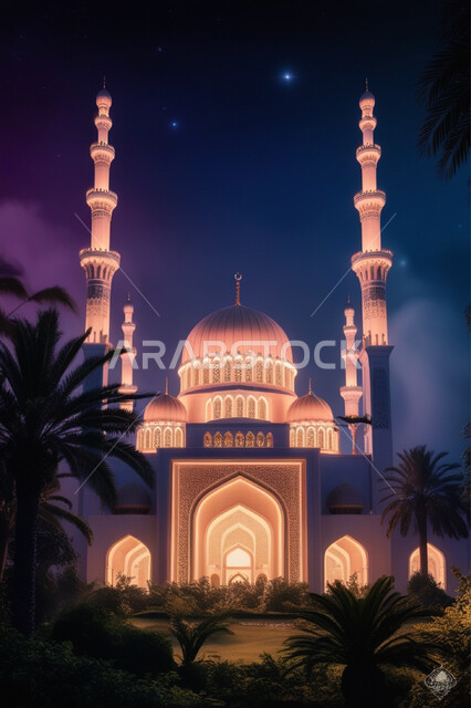 أداء الفرائض والصلوات والتقرب إلى الله، الفن الهندسي المعماري لبناء المساجد في المملكة العربية السعودية, المعالم الدينية الإسلامية المقدسة, القبب والمآذن الشامخة والمضيئة في الليل, مجسم ثلاثي الأبعاد لمسجد بتصاميم على الطراز الاسلامي