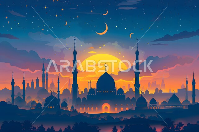 الفن الهندسي المعماري على الطراز الإسلامي الحديث للقبب والمآذن المضيئة ليلا في المملكة العربية السعودية، منظر الهلال في السماء وقت غروب الشمس، مفهوم العبادة والتقرب الى الله، مسجد عربي فاخر