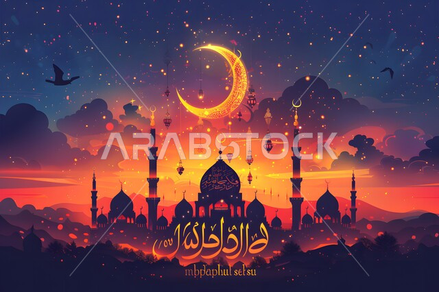 الفن الهندسي المعماري على الطراز الإسلامي الحديث للقبب والمآذن المضيئة ليلا في المملكة العربية السعودية، منظر الهلال في السماء وقت غروب الشمس، مفهوم العبادة والتقرب الى الله، مسجد عربي فاخر