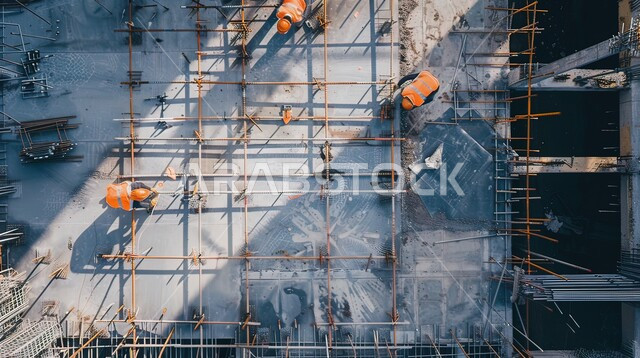 Construction of buildings and huge projects, creating foundations and structures for residential projects and factories, the concept of teamwork, construction, contracting and real estate development work, a picture from the top of a group of Saudi Gulf Arab workers and engineers working on the construction site