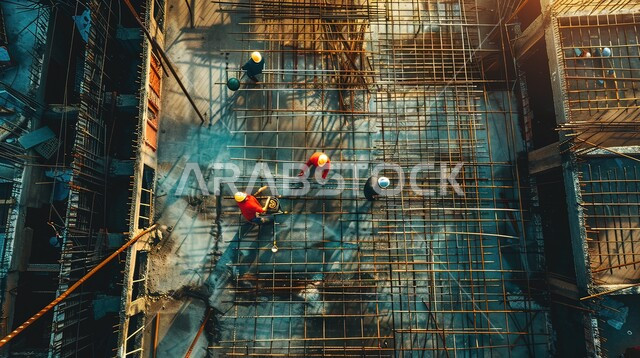 Construction of buildings and huge projects, creating foundations and structures for residential projects and factories, the concept of teamwork, construction, contracting and real estate development work, a picture from the top of a group of Saudi Gulf Arab workers and engineers working on the construction site