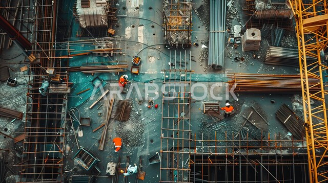 Construction of buildings and huge projects, creating foundations and structures for residential projects and factories, the concept of teamwork, construction, contracting and real estate development work, a picture from the top of a group of Saudi Gulf Arab workers and engineers working on the construction site