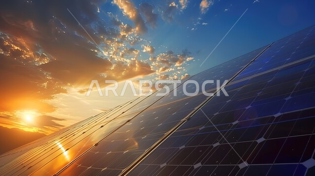 مفهوم انتاج الطاقة البديلة الصديقة للبيئة في المملكة العربية السعودية, صورة مقربة لألواح الطاقة الكهروضوئية اثناء غروب الشمس، محطات الطاقات الشمسية المتجددة
