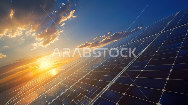 The concept of producing environmentally friendly alternative energy in the Kingdom of Saudi Arabia, a close-up of photovoltaic panels during sunset, renewable solar energy stations