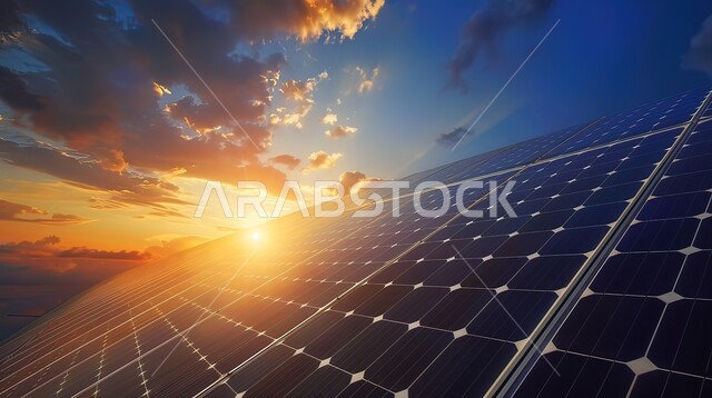 مفهوم انتاج الطاقة البديلة الصديقة للبيئة في المملكة العربية السعودية, صورة مقربة لألواح الطاقة الكهروضوئية اثناء غروب الشمس، محطات الطاقات الشمسية المتجددة