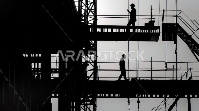 Engineering professions and jobs, auditing and supervising the progress of the work plan, silhouette of Saudi Gulf Arab engineers wearing a protective jacket and helmet standing at the construction site, the concept of architectural and engineering construction, progress and urban development in the Kingdom of Saudi Arabia