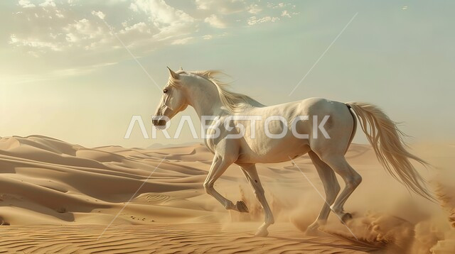 تربيه وتدريب الجياد في الامارات العربية المتحدة, حصان ابيض يركض فوق رمال الصحراء الذهبيه الناعمة, المحميات الطبيعيه للاهتمام بالحيوانات البريه, رمز الفروسية والشجاعة, خلفية الطبيعه الصحراويه