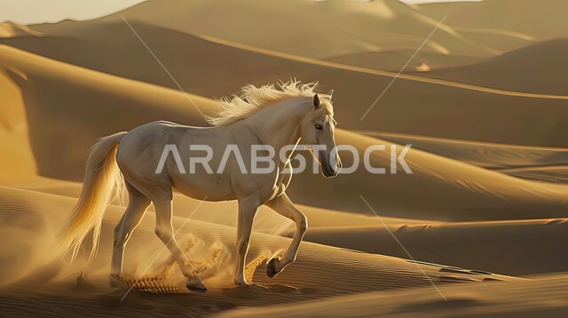 تربيه وتدريب الجياد في الامارات العربية المتحدة, حصان ابيض يركض فوق رمال الصحراء الذهبيه الناعمة, المحميات الطبيعيه للاهتمام بالحيوانات البريه, رمز الفروسية والشجاعة, خلفية الطبيعه الصحراويه