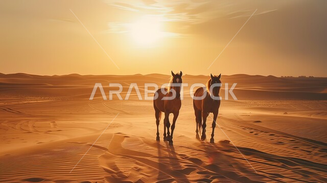 تربيه وتدريب الجياد في الامارات العربية المتحدة, مجموعة من الاحصنة فوق رمال الصحراء الذهبيه الناعمة في وقت غروب الشمس, محميات طبيعيه للاهتمام بالحيوانات البريه, رمز الفروسية والشجاعة, خلفية الطبيعه الصحراويه