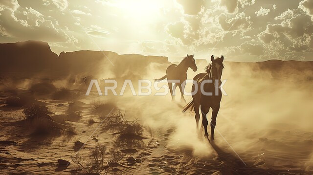 تربيه وتدريب الجياد في الامارات العربية المتحدة, مجموعة من الاحصنة يركضون فوق رمال الصحراء الذهبيه الناعمة, محميات طبيعيه للاهتمام بالحيوانات البريه, رمز الفروسية والشجاعة, خلفية الطبيعه الصحراويه
