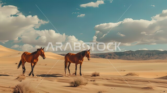 تربيه وتدريب الجياد في الامارات العربية المتحدة, مجموعة من الاحصنة فوق رمال الصحراء الذهبيه الناعمة, محميات طبيعيه للاهتمام بالحيوانات البريه, رمز الفروسية والشجاعة, خلفية الطبيعه الصحراويه