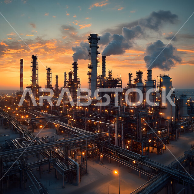 Illuminating metal towers and structures at night, the renaissance of the Saudi national economy, oil factories and plants in the Kingdom of Saudi Arabia, oil and gas refineries, the concept of petroleum engineering in the Gulf countries, large and huge warehouses and tanks, petrochemical industries and projects