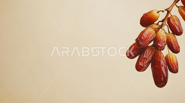 High nutritional value meal, traditional Ramadan hospitality, close-up of healthy dates, local national product, local agricultural plants and crops, dates from Saudi Arabia palm trees, beige background