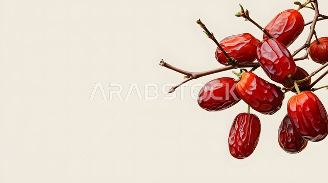 وجبة ذات قيمة غذائية عالية، ضيافة رمضانية تقليدية، صورة مقربة لحبات التمر الصحي، منتح وطني محلي، النباتات والمحاصيل الزراعية المحلية، تمور من نخيل المملكة العربية السعودية، خلفية بيضاء