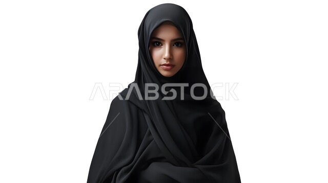 مفهوم الثقة بالنفس, تصاميم أزياء للمحجبات عصرية حديثة، الاهتمام بالمظهر الخارجي و الأناقة، بوتريه مقرب لامرأة عربية خليجية سعودية مبتسمة محجبة ترتدي عباءة سوداء تنظر إلى الكاميرا, خلفية بيضاء