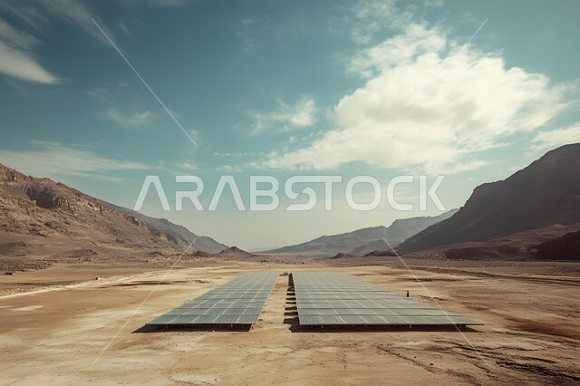 توليد الكهرباء بواسطة أشعة الشمس، مفهوم انتاج الطاقة البديلة الصديقة للبيئة في المملكة العربية السعودية, مزرعة الخلايا الشمسية على الرمال الذهبية الناعمة, محطات الطاقات الشمسية المتجددة, منظر لألواح الطاقة الكهروضوئية وسط الصحراء في وقت النهار