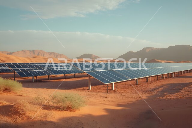 توليد الكهرباء بواسطة أشعة الشمس، مفهوم انتاج الطاقة البديلة الصديقة للبيئة في المملكة العربية السعودية, مزرعة الخلايا الشمسية على الرمال الذهبية الناعمة, محطات الطاقات الشمسية المتجددة, منظر لألواح الطاقة الكهروضوئية وسط الصحراء في وقت النهار