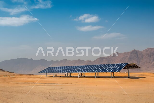 توليد الكهرباء بواسطة أشعة الشمس، مفهوم انتاج الطاقة البديلة الصديقة للبيئة في المملكة العربية السعودية, مزرعة الخلايا الشمسية على الرمال الذهبية الناعمة, محطات الطاقات الشمسية المتجددة, منظر لألواح الطاقة الكهروضوئية وسط الصحراء في وقت النهار