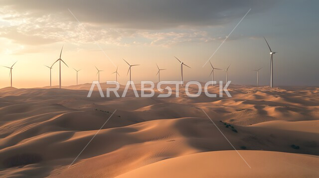 التنمية المستدامة بالطاقة البديلة في المملكة العربية السعودية، حقول توربينات الرياح وطواحين الهواء وسط الرمال الذهبية في المناطق الصحرواية، توليد الكهرباء بواسطة مزارع الرياح، مفهوم استخدام الطاقات المتجددة صديقة البيئة