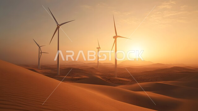 Sustainable development with alternative energy in the Kingdom of Saudi Arabia, fields of wind turbines and windmills amid golden sand in desert areas, generating electricity through wind farms, the concept of using environmentally friendly renewable energies
