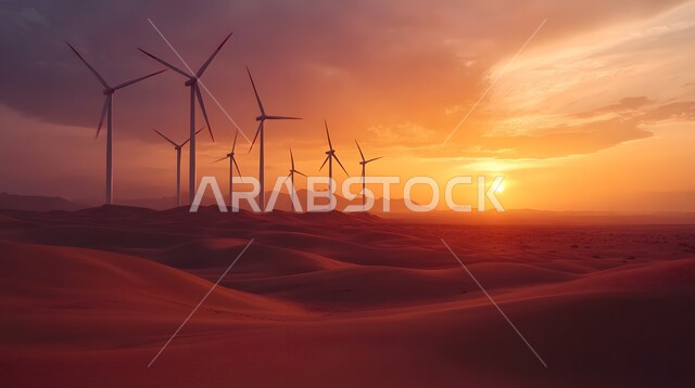 Sustainable development with alternative energy in the Kingdom of Saudi Arabia, fields of wind turbines and windmills amid golden sand in desert areas, generating electricity through wind farms, the concept of using environmentally friendly renewable energies