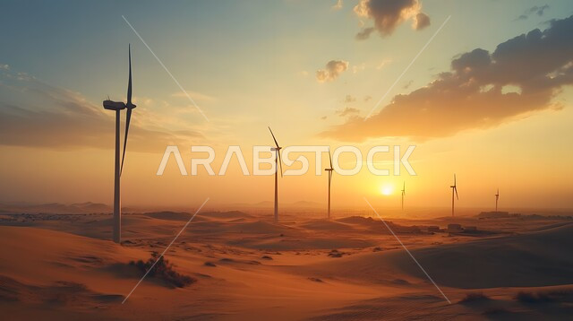 التنمية المستدامة بالطاقة البديلة في المملكة العربية السعودية، حقول توربينات الرياح وطواحين الهواء وسط الرمال الذهبية في المناطق الصحرواية، توليد الكهرباء بواسطة مزارع الرياح، مفهوم استخدام الطاقات المتجددة صديقة البيئة