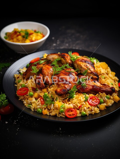 الوجبات و الأطباق السريعة الشهية, فنون تقديم الطعام في مطاعم المملكة العربية السعودية, وصفات الأكلات الصحية اللذيذة, المأكولات العربية الشرقية, صورة مقربة لطبق أرز مع الدجاج المقلي، خلفية سوداء