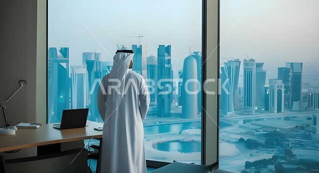 قضاء أوقات ممتعه في تأمل الأماكن السياحية، تقدم وتطور الفن الهندسي المعماري في المملكة العربية السعودية، صورة من الخلف لرجل عربي خليجي يرتدي الثوب التقليدي والغترة البيضاء يقف باستقامة امام ناطحات السحاب