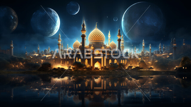 القبب والمآذن المتميزة، ديكورات وتصاميم على الطراز الاسلامي، الفن الهندسي المعماري للمساجد، مسجد عربي فاخر، العبادة والتقرب إلى الله، آداء الفرائض والصلوات، السماء المليئة بالنجوم ليلاً