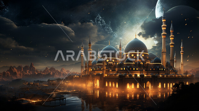 القبب والمآذن المتميزة، ديكورات وتصاميم على الطراز الاسلامي، الفن الهندسي المعماري للمساجد، مسجد عربي فاخر، العبادة والتقرب إلى الله، آداء الفرائض والصلوات، السماء المليئة بالنجوم ليلاً