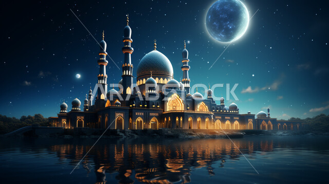 القبب والمآذن المتميزة، ديكورات وتصاميم على الطراز الاسلامي، الفن الهندسي المعماري للمساجد، مسجد عربي فاخر، العبادة والتقرب إلى الله، آداء الفرائض والصلوات، السماء المليئة بالنجوم ليلاً