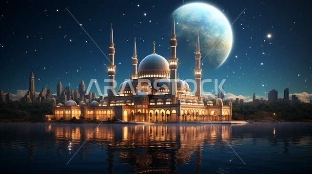 القبب والمآذن المتميزة، ديكورات وتصاميم على الطراز الاسلامي، الفن الهندسي المعماري للمساجد، مسجد عربي فاخر، العبادة والتقرب إلى الله، آداء الفرائض والصلوات، السماء المليئة بالنجوم ليلاً